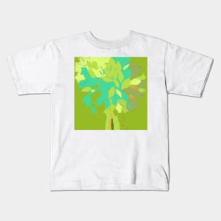 Tree, summer leaf green teal blue yellow gold fiber art textile mixed media digital Kids T-Shirt